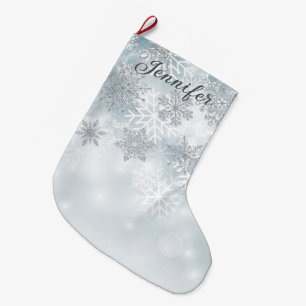 Grande Chaussette De Noël Bleu Dusty & Flocon de neige argenté Noël Stocker
