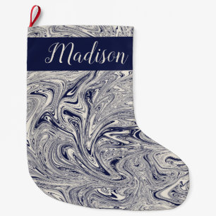 Grande Chaussette De Noël Bleu et Marbre blanc personnalisés
