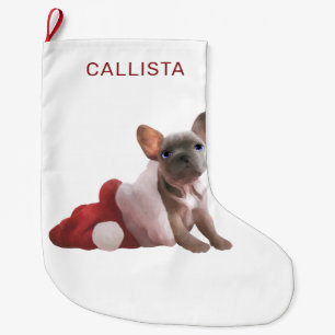 Grande Chaussette De Noël Bleu Rouge Blanc Français Chien à taureaux Santa H