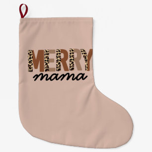Grande Chaussette De Noël Bloc de couleur Boho Leopard "Joyeux Mama"