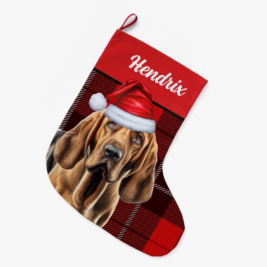 Grande Chaussette De Noël Bloodhound avec Holiday Plaid et Chiens Nom (Devant (Accrochage))
