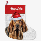 Grande Chaussette De Noël Bloodhound de Noël avec le nom Woof Arrière - plan (Devant)