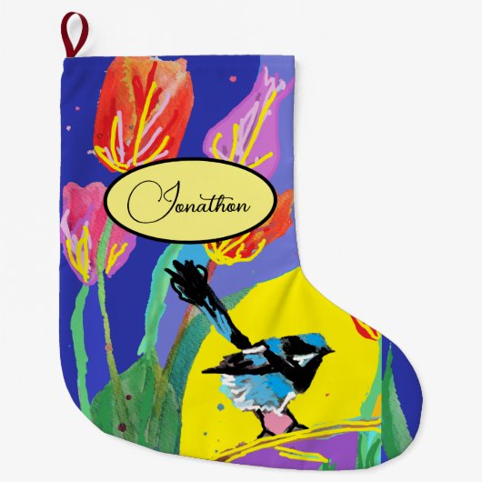 Grande Chaussette De Noël Blue Wren Oiseaux australiens Noël Stocker (Devant)