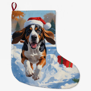 Grande Chaussette De Noël Bluetick Coonhound courant dans la neige avec Noël