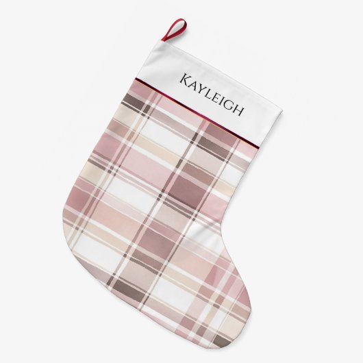 Grande Chaussette De Noël Blush rose blanc bordeaux rayures plaid Noël (Devant (Accrochage))