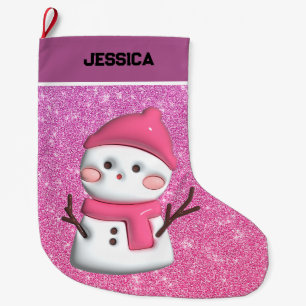 Grande Chaussette De Noël Bonhomme de neige rose mignon moderne de Noël