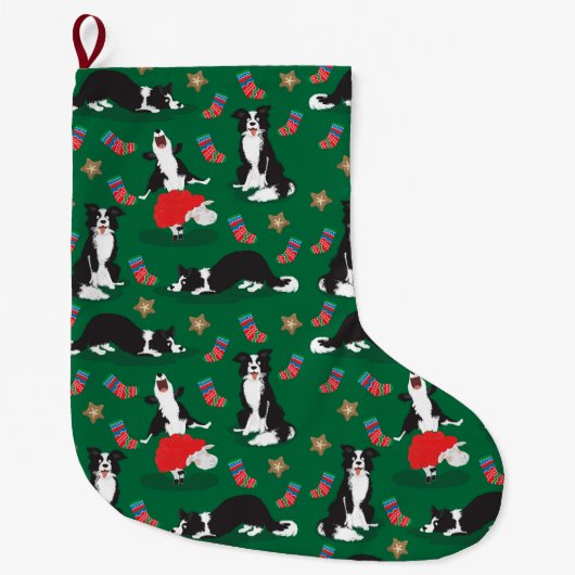 Grande Chaussette De Noël Bordure de Noël Collie verte (Devant)