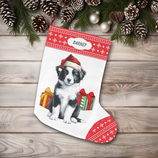 Grande Chaussette De Noël Bordure mignonne Collie Chiot Santa Hat Flocon de