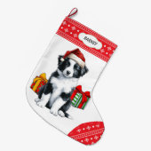 Grande Chaussette De Noël Bordure mignonne Collie Chiot Santa Hat Flocon de  (Devant (Accrochage))