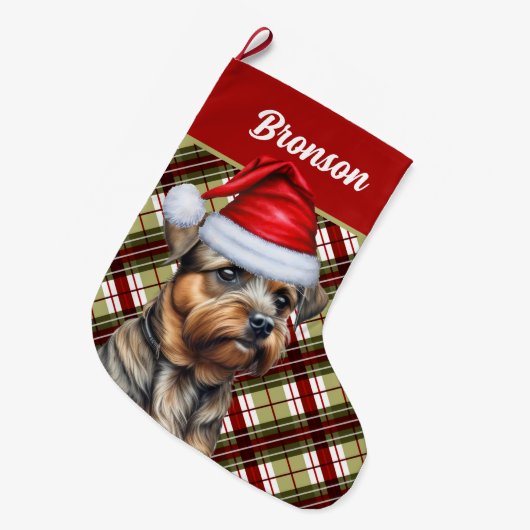 Grande Chaussette De Noël Bordure Terrier Vacances Plaid et Chiens Nom (Devant (Accrochage))