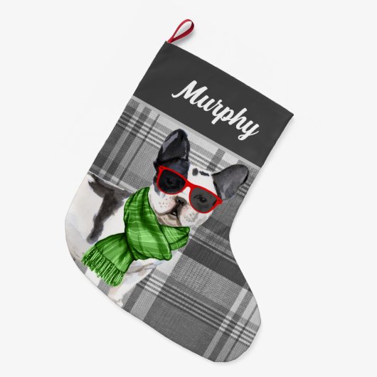 Grande Chaussette De Noël Boston Terrier et Plaid with Dog's Name (Devant (Accrochage))