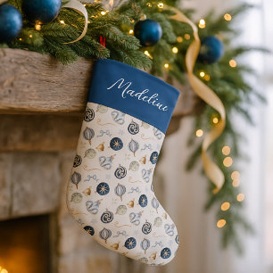 Grande Chaussette De Noël Boule élégante aquarelle bleu blanc