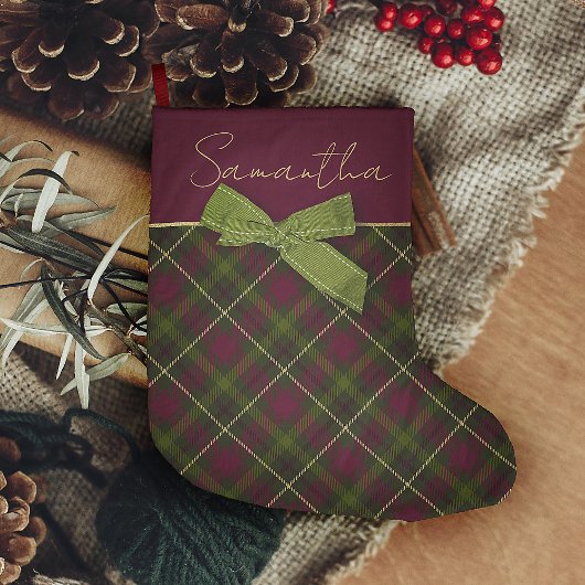 Grande Chaussette De Noël Bourgogne & Plaid Vert Avec Nom