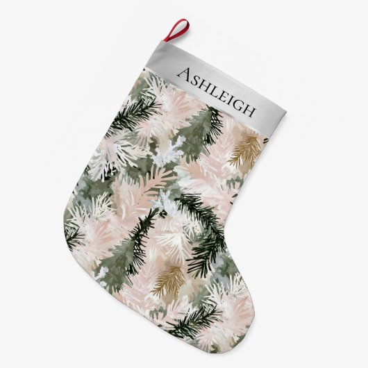 Grande Chaussette De Noël Branches d'arbre de Noël rose argent (Devant (Accrochage))