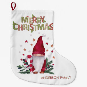 Grande Chaussette De Noël Branches de pin gnome étoiles Joyeux Noël