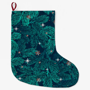 Grande Chaussette De Noël Branches de pin sarcelle avec flocons de neige bla