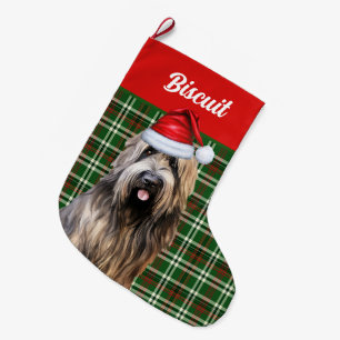 Grande Chaussette De Noël Briard Berger Chien Vert Plaid Personnalisé