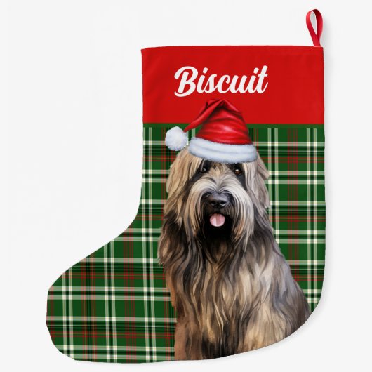 Grande Chaussette De Noël Briard Berger Chien Vert Plaid Personnalisé (Dos)