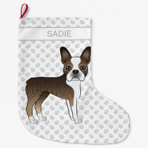 Grande Chaussette De Noël Brindle Boston Terrier Cartoon Dog & Custom Name