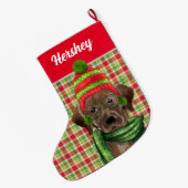 Grande Chaussette De Noël Brown Labrador Retriever Red Plaid avec le nom du (Dos (Accrochage))