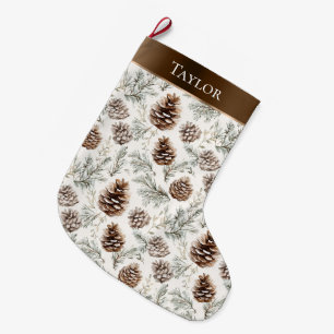 Grande Chaussette De Noël Brown ruban Argent cônes de pin de Noël