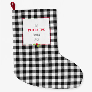 Grande Chaussette De Noël Buffalo Plaid Holly Holiday Nom de famille Festif