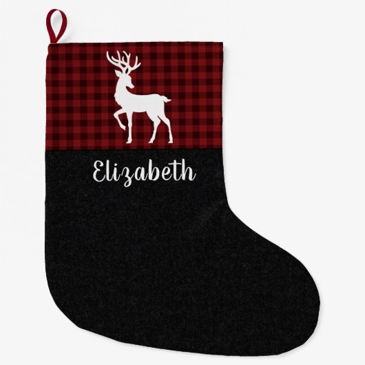Grande Chaussette De Noël Buffle rouge et noir Plaid Nom personnalisé (Devant)