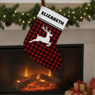 Grande Chaussette De Noël Buffle rouge et noir plaqué avec Reindeer personna