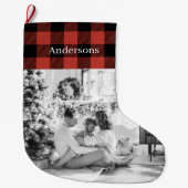Grande Chaussette De Noël Buffle Rouge Plaid Avec Photo Et Nom | (Devant)