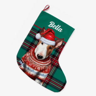 Grande Chaussette De Noël Bull Terrier Chien rouge et vert Plaid Personnalis