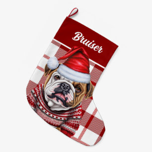 Grande Chaussette De Noël Bulldog Rouge et blanc Plaid Personnalisé