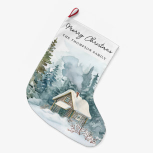 Grande Chaussette De Noël Cabanon à l'aquarelle de Noël écriture manuscrite