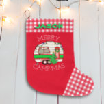 Grande Chaussette De Noël Caméra RV Retro | Camping Thème Personnalisé<br><div class="desc">Le stockage de Noël personnalisé. Camper vintage rouge et vert RV avec lumières de Noël sur lui avec un petit arbre de Noël mignon.</div>