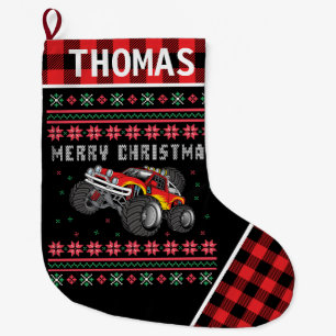 Grande Chaussette De Noël Camion Monster Vilain Sweat de Noël Rouge Plaid