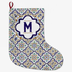 Grande Chaussette De Noël Carreaux d'ornement vintages Monogramme