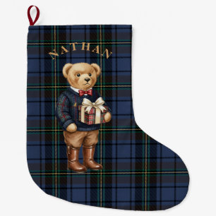 Grande Chaussette De Noël Carte photo de Noël avec ours en peluche à carreau