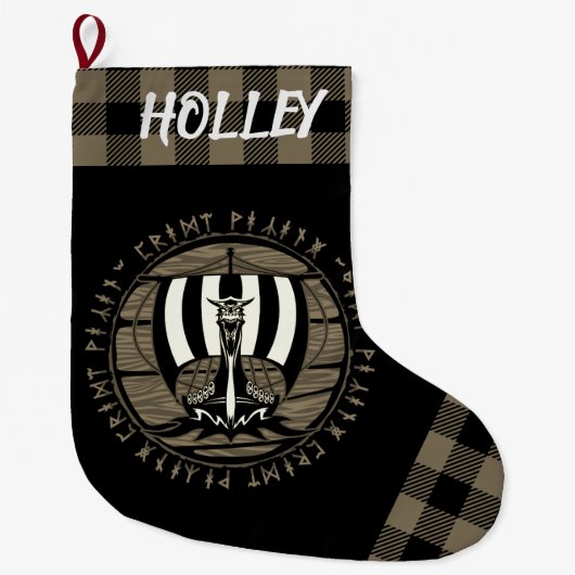 Grande Chaussette De Noël Carte Viking Dragon Longship Tan Black (Devant)