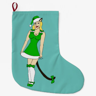 Grande Chaussette De Noël Catgirl de Noël verte