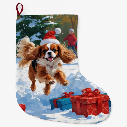 Grande Chaussette De Noël Cavalier King Charles Spaniel Neige avec Noël (Devant)