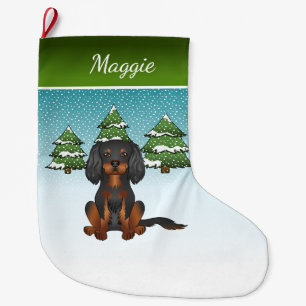 Grande Chaussette De Noël Cavalier King Charles Spaniel noir et feu en hiver