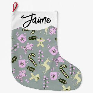 Grande Chaussette De Noël Cerf en pain d'épices Greenery Canne de Noël Noël