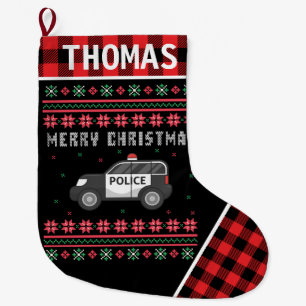 Grande Chaussette De Noël Chandail de Noël moche de la police Plaid rouge