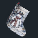 Grande Chaussette De Noël Charmant Snowman Aquarelle Forêt d'hiver Personnal<br><div class="desc">Célébrez la saison avec ce Charming Snowman Watercolor Winter Forest Noël Stocking. Doté d’un charmant bonhomme de neige, d’un chapeau et d’une écharpe classiques, d’une canne à pied et d’une forêt d’hiver d’aquarelle sereine, le design est accentué par l’élégant script "Merry and Bright" et la typographie moderne qui montre le...</div>