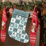 Grande Chaussette De Noël Charmant Snowman Turquoise<br><div class="desc">Vous cherchez de mignons bas de Noël pour accrocher au-dessus de votre cheminée qui se démarquerait? Jetez un coup d'oeil à notre turquoise stand de Noël bleu avec un motif sans couture de damier avec divers graphiques comme des bonhomme de neige, flocon de neige, étoile, ornements. Il est parfait pour...</div>