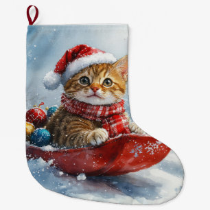 Grande Chaussette De Noël Chat abyssin en traîneau Laissez neige Noël
