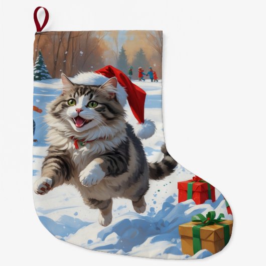 Grande Chaussette De Noël Chat de Sibérie courant dans la neige avec Casquet (Devant)