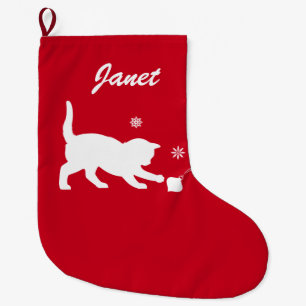 Grande Chaussette De Noël Chat jouant avec l'ornement de Noël