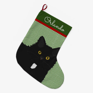 Grande Chaussette De Noël Chat noir à cheveux longs personnalisés Yellow E