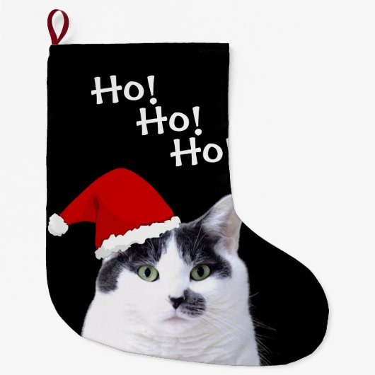 Grande Chaussette De Noël Chat utilisant le casquette de Père Noël (Devant)
