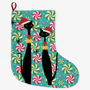 Grande Chaussette De Noël Chats modernes rétro du milieu du siècle Père N
